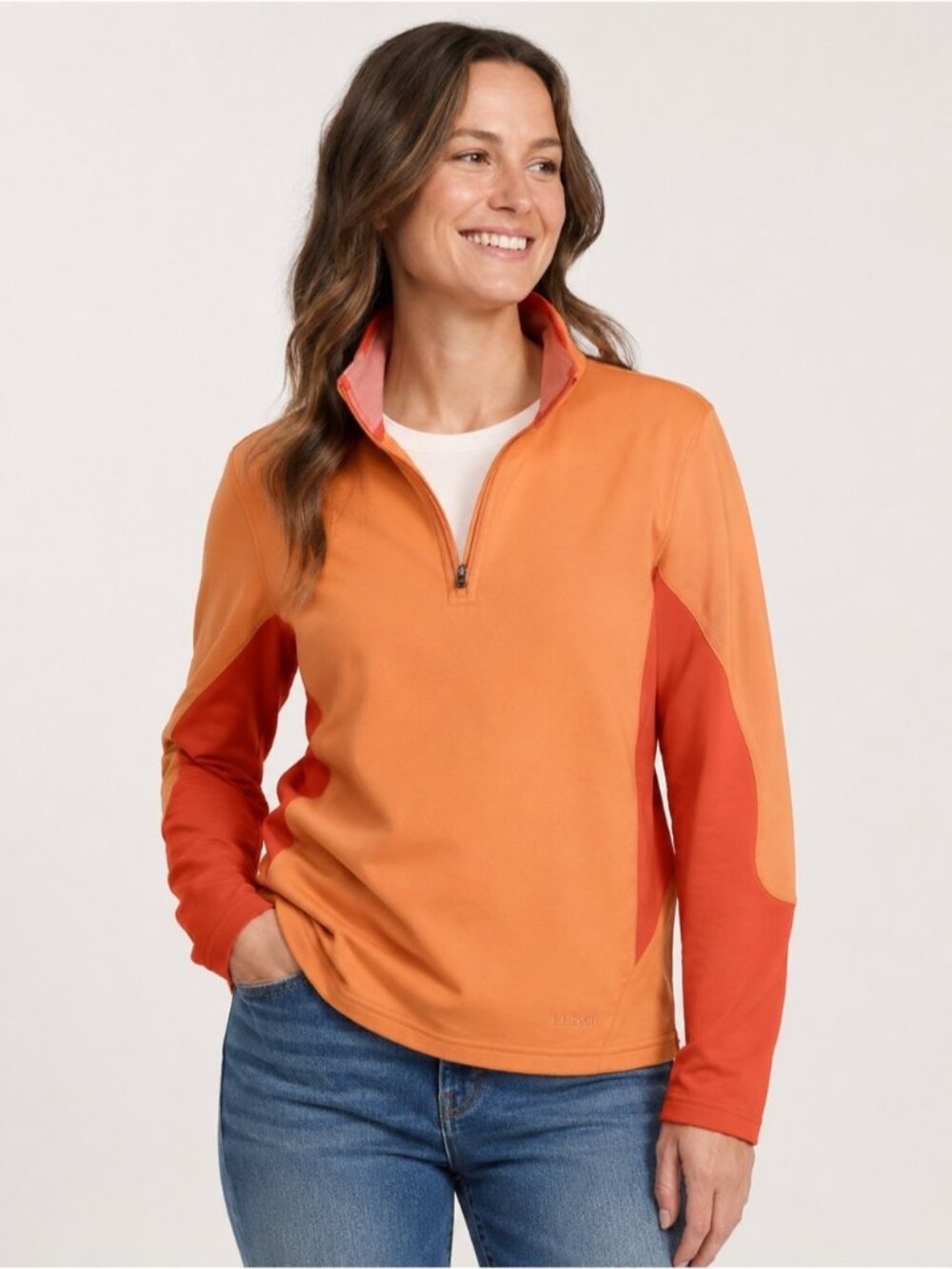 LL Bean Quarter Zip Pullover Size Large R Windstopper Orange Hiking Outdoor Top
